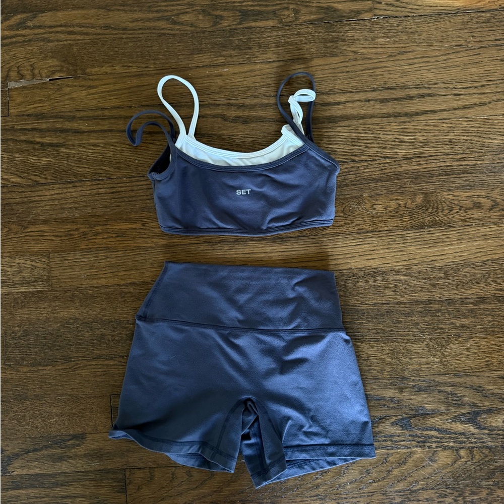 SET Active Navy Blue Double-Strap Sports Bra and High-Waist Shorts
